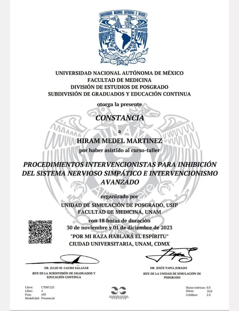 Constancia UNAM Facultad de Medicina: procedimientos intervencionistas para inhibición del sistema nervioso simpático e intervencionismo avanzado, 18h, nov 2023