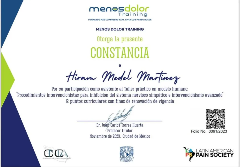 Constancia Menos Dolor Training: taller práctico de procedimientos intervencionistas para inhibición del sistema nervioso simpático, nov 2023
