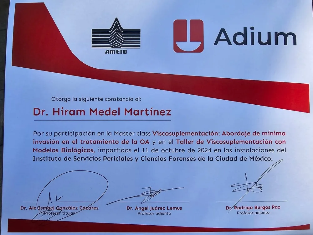 Constancia Master Class de Viscosuplementación, AMETD y Adium, oct 2024