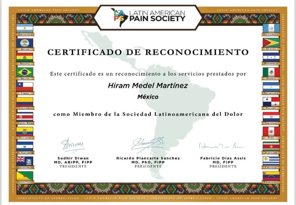 Reconocimiento como miembro de la Latin American Pain Society, Dr. Hiram Medel Martínez